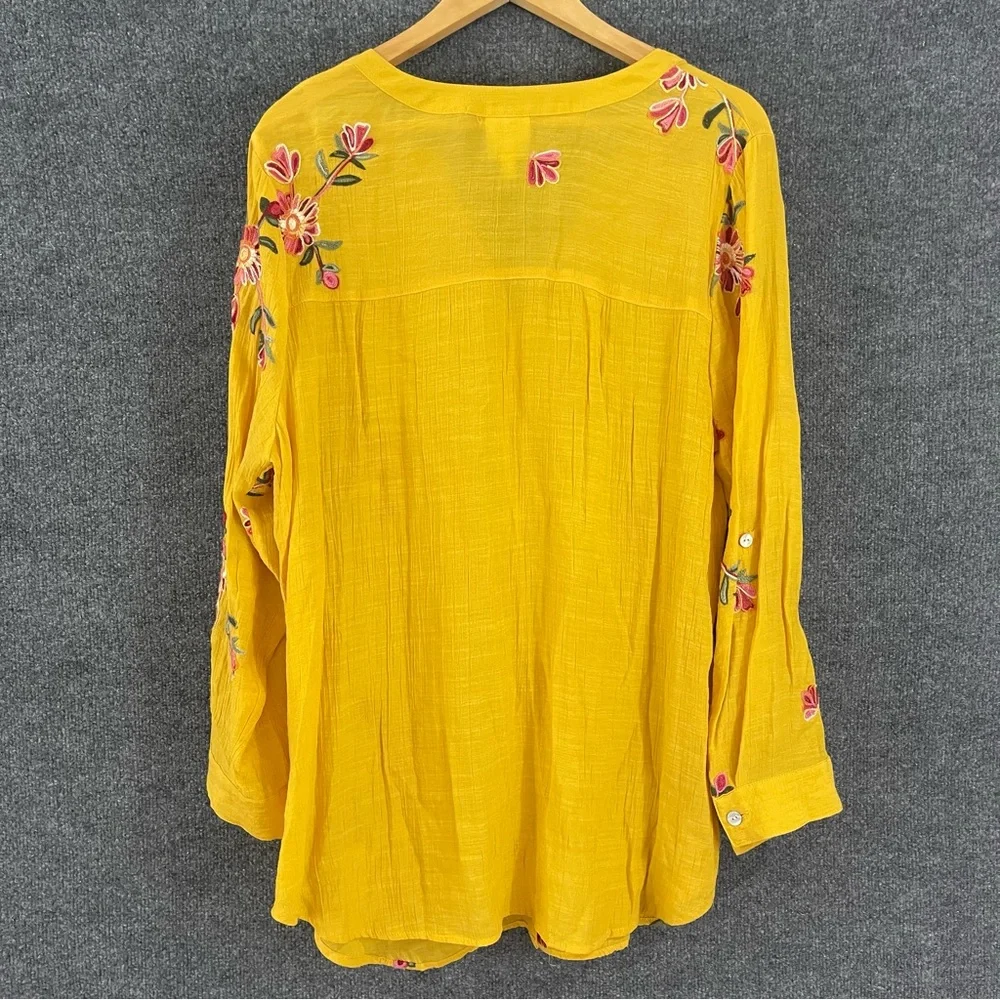 Anthropologie Fig and Flower Womens Embroidered Button Front Top Size 2X Yellow - Picture 2 of 9